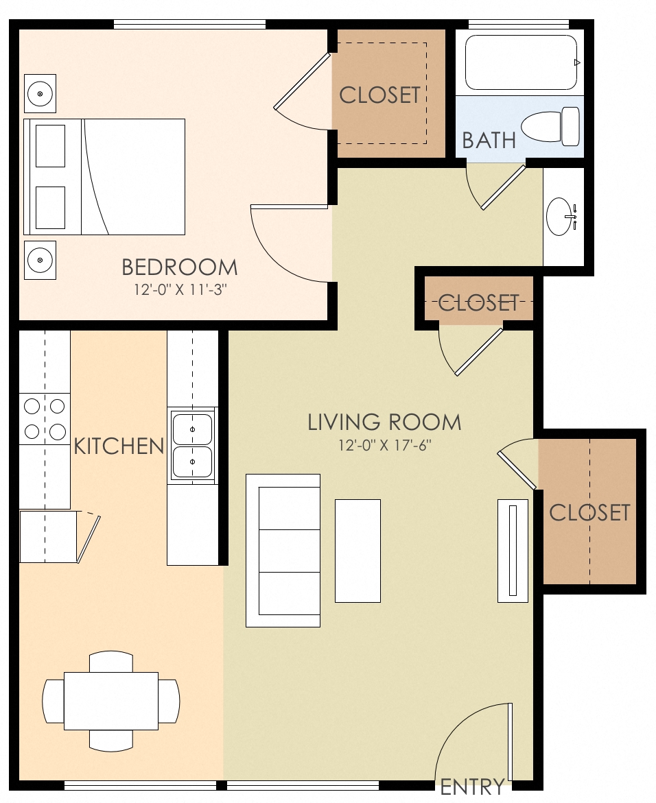 Floor plan for 1 bed, 1 bath, 800 sqft